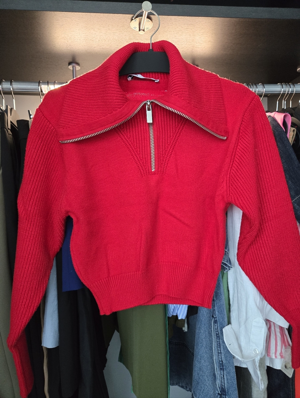 Zara Red Ribbed Half-Zip Turtleneck Sweater